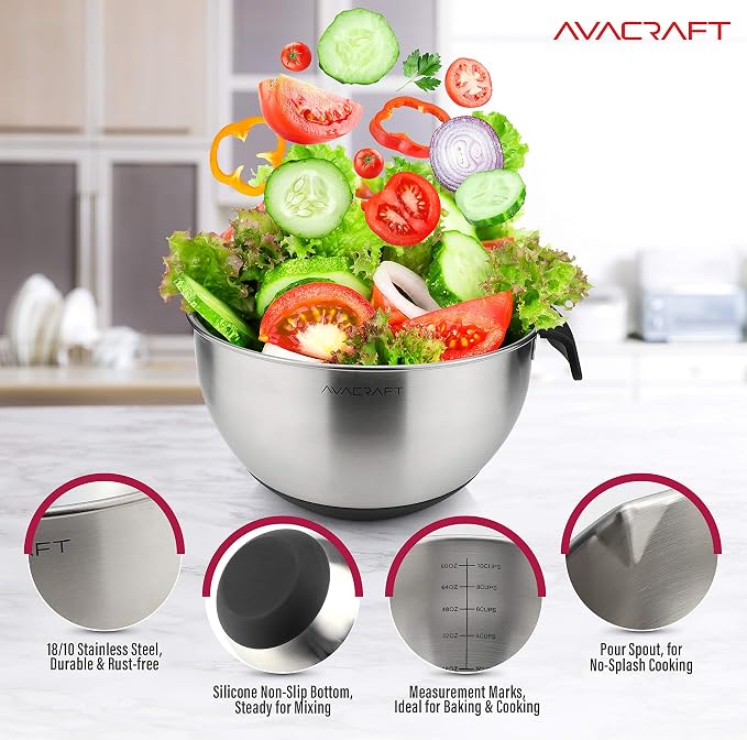 AVACRAFT 18/10 Stainless Steel Mixing Bowl Set with Lids, Black | Non-Slip Silicone Base, Ergonomic Handles, Pour Spouts, Interior Measurement Marks, Nesting Design, Dishwasher Safe