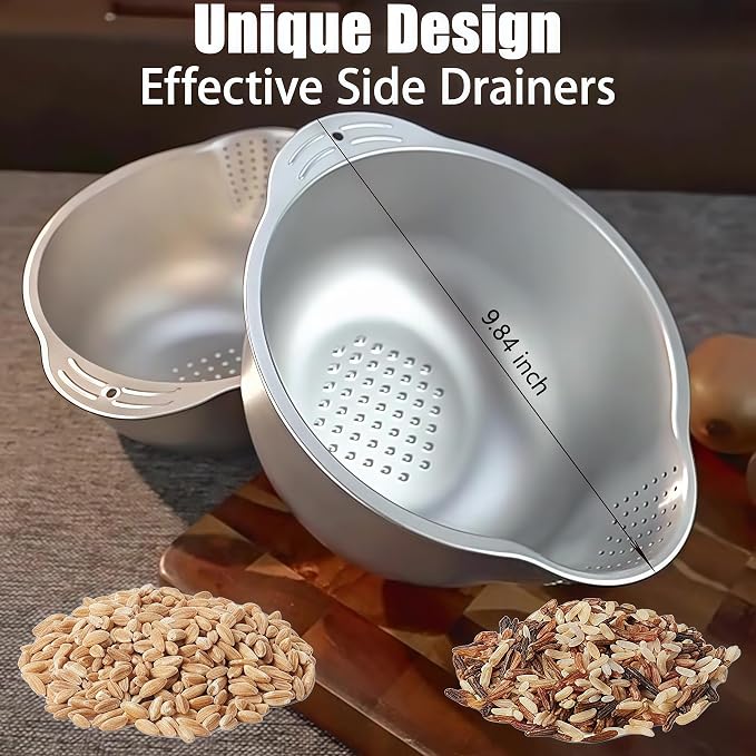Rice Washer Strainer Bowl, Stainless Steel Washing Bowl for Rinsing Quinoa, Side Drainers Colander for Cleaning Fruits, Vegetables, and Beans - Versatile Kitchen Gadgets