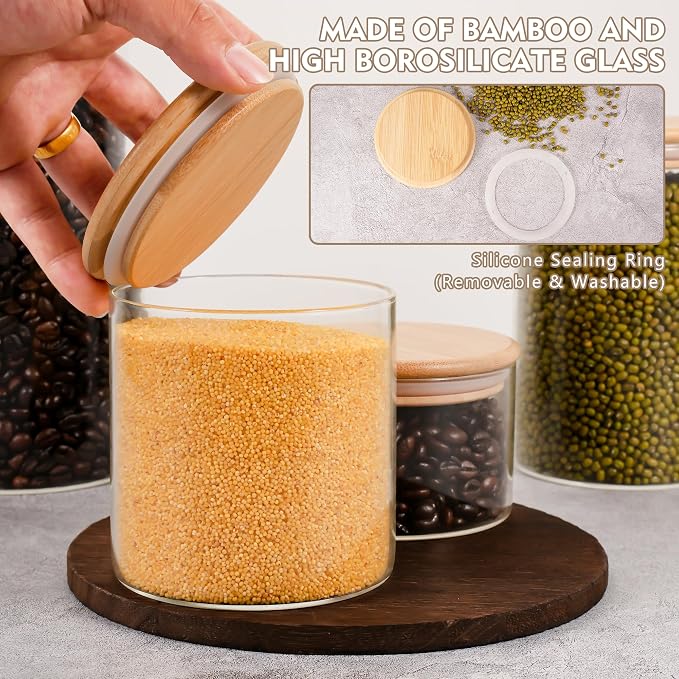 2PCS Small Glass Storage Jars with Airtight Lids,11 fl oz (330ml) Cute Clear Storage container with bamboo Lid,Glass Pantry Canister for Beans, Rice,Sugar,Cookie Coffee(N-Clear-2PCS-11FL OZ/330ML)