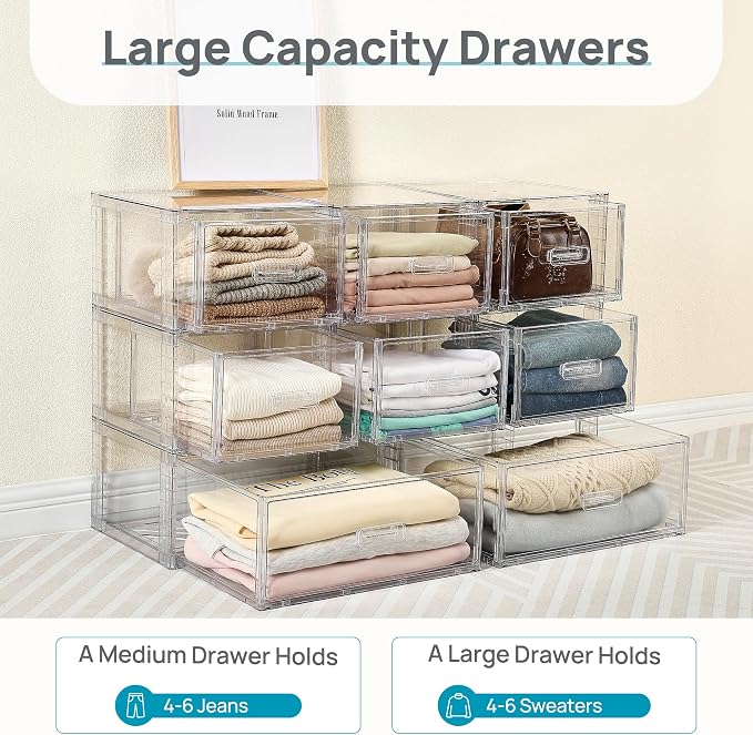 Vtopmart 4 Pack Clear Stackable Closet Storage Drawers 15QT, Medium | Easily Assemble Closet Organizers,Plastic Storage Bins for Bathroom,Cabinet,Kitchen Pantry,Under Sink Organization