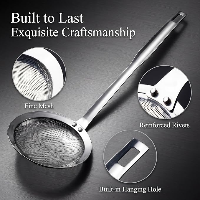 Large Stainless Steel Spider Strainer, 14.2 Inch Skimmer Ladle with Long Handle, Fine Mesh Strainer Spoon for Frying, Cooking, Pasta, Noodles, Dumplings, Hot Pot