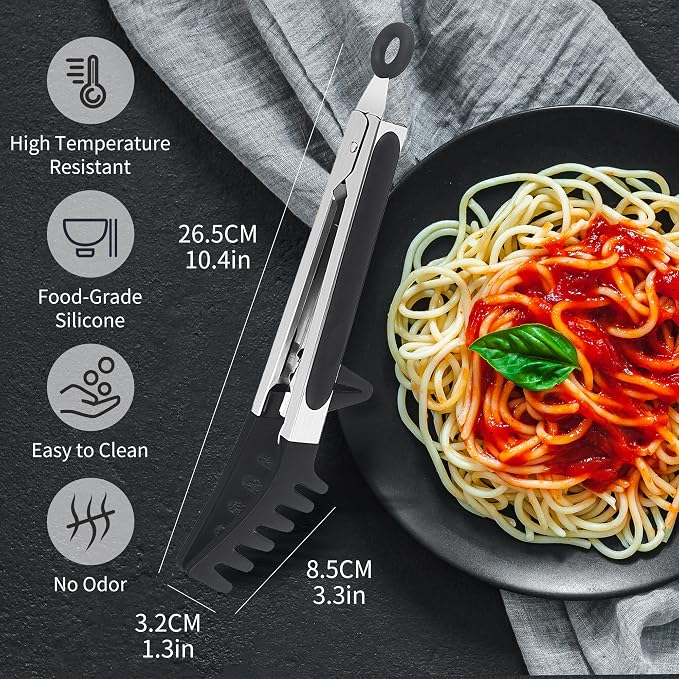 Professional Stainless Steel Pasta Tongs with Non-Slip Silicone Teeth - Heat Resistant 600°F, Dishwasher Safe Spaghetti Server Utensil for Cooking, Baking, Salad...(black)