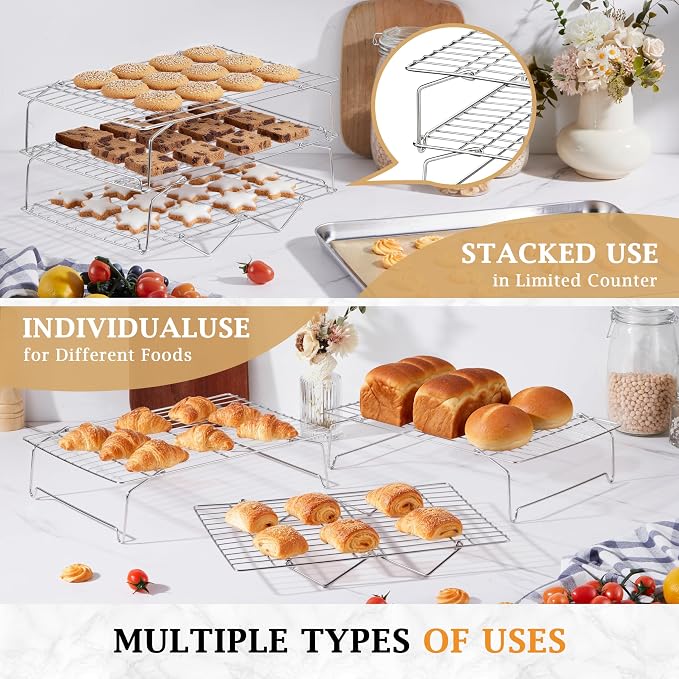 LIANYU 6-Tier Stackable Cooling Rack for Cooking & Baking, 10"x15", 2 Pack | Stainless Steel Collapsible Cooling Rack for Cookies, Cakes, Baking Wire Racks Fits Jelly Roll Pan, Oven & Dishwasher Safe