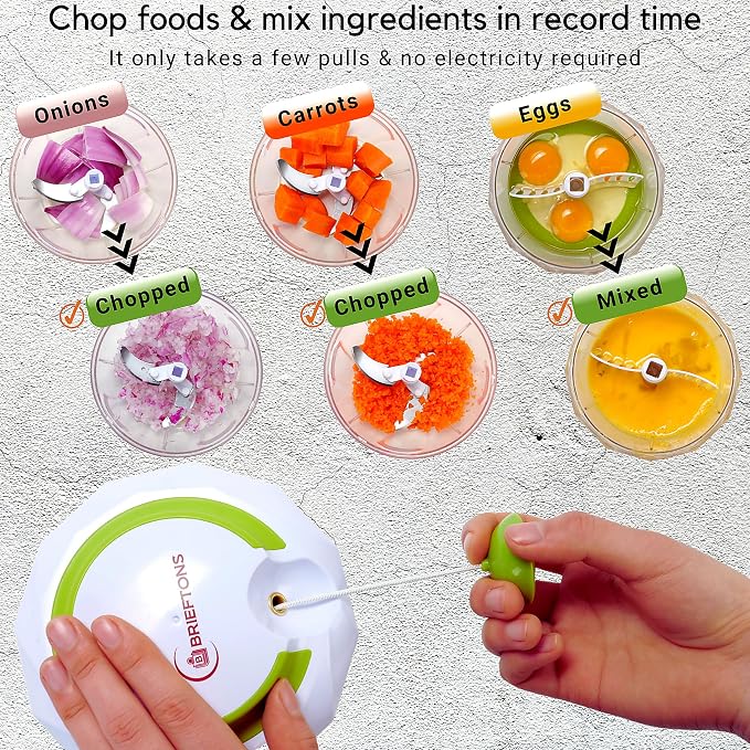 Brieftons QuickPull Manual Food Chopper, 4-Cup Hand Pull String Chopper, No Electricity, Chops Onion Tear-Free, Garlic, Vegetables, Herbs, Nuts for Salsa, Guacamole, Pesto, Baby Food, RV, Camping