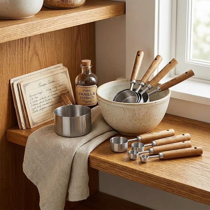 Measuring Cups and Spoons Set, Stainless Steel Metal measuring Cups with Wooden Handles, Great for Dry and Liquid Ingredients, Engraved Metric Markings, Nesting Design for Baking