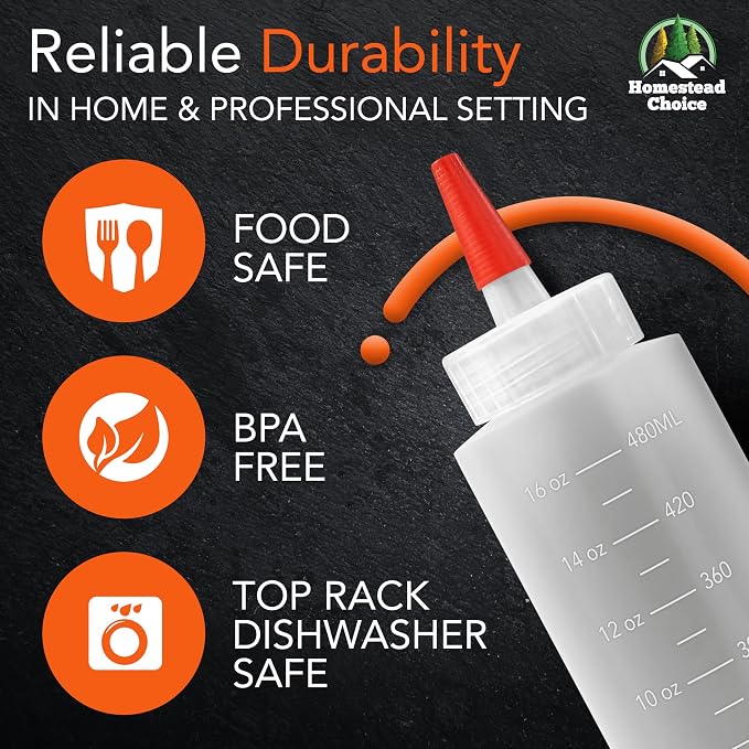 2-pack Plastic Squeeze Bottles for Sauces - 16oz Condiment Squeeze Bottles | for Liquids - BPA Free plastic Squirt Bottle with Cap - Ketchup, Syrup, Oil, Dressings, Honey, Restaurant, kitchen, Arts
