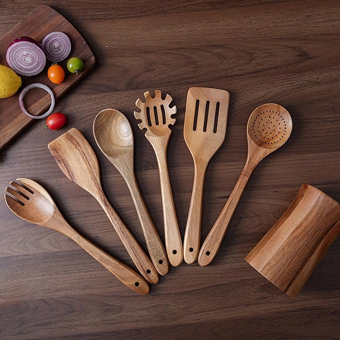 7 Piece Natural Acacia Wooden Kitchen Utensil Set with Holder - Wooden Spoons and fork for Cooking Comfort Grip Cooking Spoons, Spatulas, Strainer Spoon, Salad Fork, Mixing Spoon and Utensil Holder