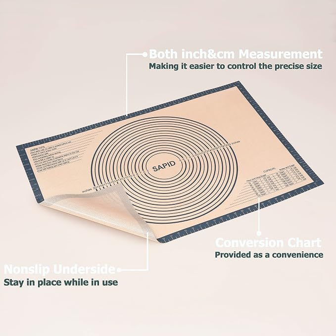 Sapid Thick Silicone Pastry Mat Baking Dough Rolling Extra Large 24" x 36" | Non-slip with Measurements for Non-stick Dough Rolling, Pie Crust, Kneading Mats, Countertop, Placement Mats (Gray)