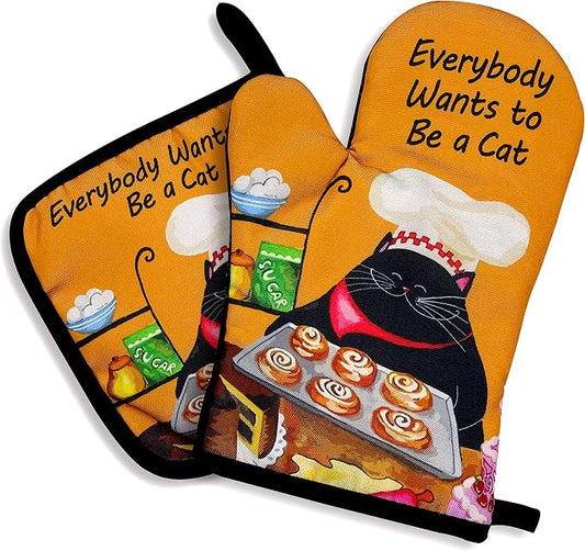 zcyhtqp, Everybody Wants to be a Cat, Funny Silicone Non-Slip Oven Mitts and Pot Holders Sets of 2, Cat Oven Mitts, Bake Lover Gift, Kitchen Gift for Cat Owner