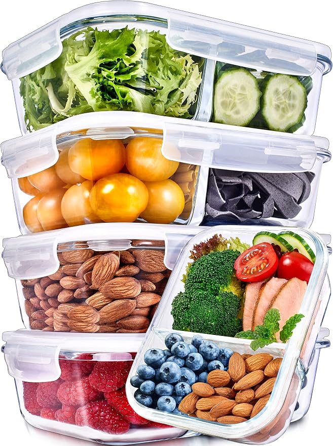 Prep Naturals 5 Pack 36oz Glass Meal Prep Containers - 2 Compartments | 2-Compartment Borosilicate Glass Meal Prep Containers - Airtight Lids, Microwave, Oven & Freezer Safe (5-Pack, 36 oz)