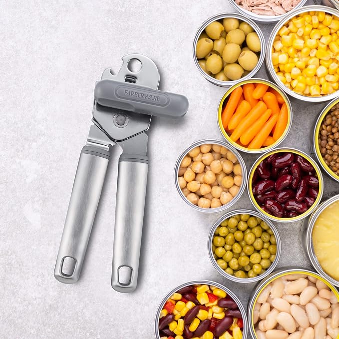 Farberware Pro Stainless Steel Manual Can Opener with Soft Ergonomic Handles and Integrated Bottle Opener, Dishwasher Safe, Contemporary Gray, 7.25 Inches