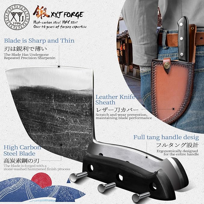 XYJ Authentic Since 1986,Outstanding Ancient Forging,6.7 Inch Full Tang,Serbian Chefs knife,Chef Meat Cleaver,Kitchen Knives,Set with Leather Sheath,Take Carrying,Butcher