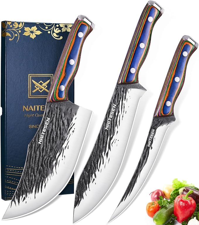 Naitesen 3PCS Hand Forged Butcher Knife Set - Gold-Stamped Gift Box | 15° Razor Sharp 6.5" Serbian Chef Knife, 8.5" Meat Slicer & 6.5" Boning Knife for Meat Cutting Kitchen Cooking BBQ