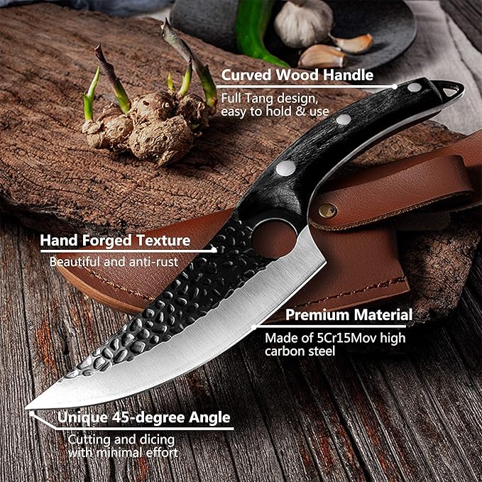 Huusk Viking Knives, Butcher Knife Black Forged Boning Knife with Sheath Japanese Fillet Meat Cleaver Knives Full Tang for Kitchen, Camping, BBQ Thanksgiving Gifts