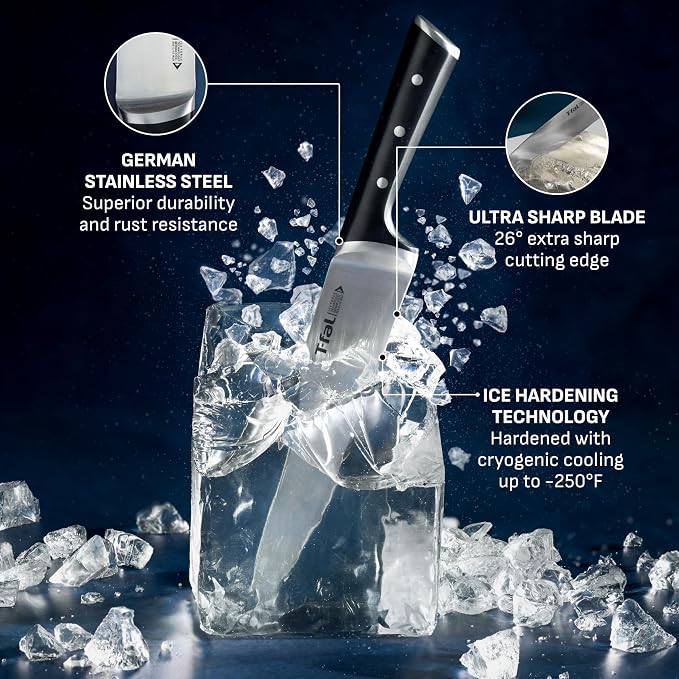 T-fal Ice Force German Stainless Steel Kitchen Knife Set and Wood Block 8 Piece, Long Lasting Sharpness, High Cutting Precision, Superior Durability, Ultra Sharp Blades, Cookware Kitchen Gadget Black