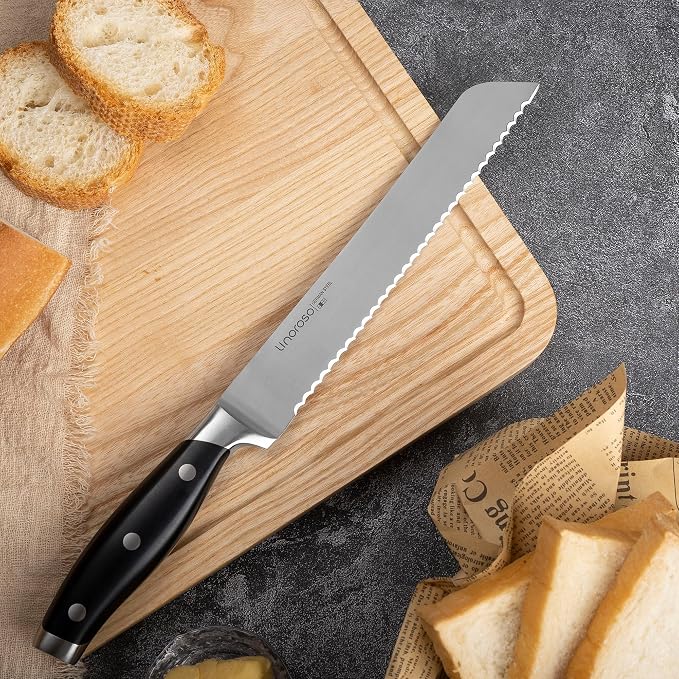 linoroso Serrated Bread Knife for Homemade Bread with Elegant Gift Box, Full Tang Ultra Sharp Forged German Carbon Stainless Steel Bread Knife 8 inch for Slicing Bread, Bagels, Cake - Classic Series