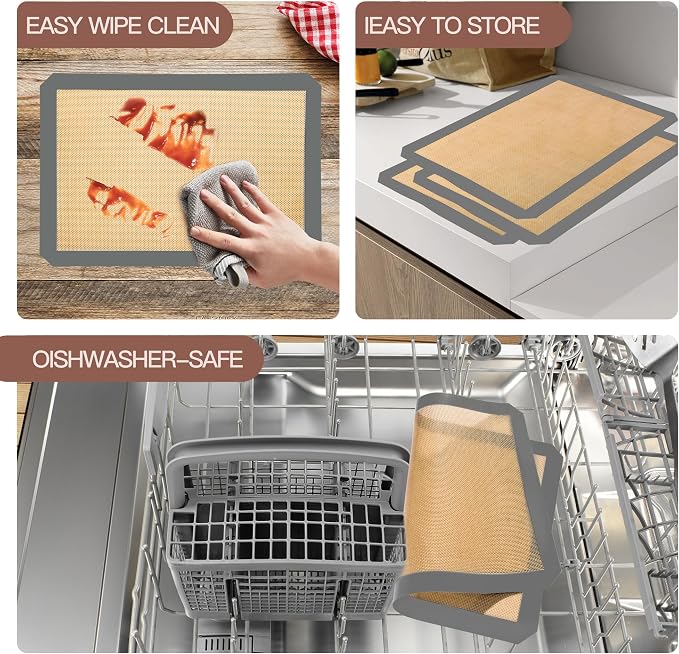 4-Pack Non-Stick Silicone Baking Mat, Food Safe Silicone Mats for Baking Cookies and Macarons - Silicone Baking Sheet（Gray）