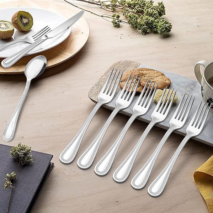 HaWare 24-Piece Forks and Spoons Silverware set, Stainless Steel Flatware with Pearled Edge for Home/Kitchen, Include 12 Dinner Forks(7.9in) and 12 Dinner Spoons(7.9in), Dishwasher Safe
