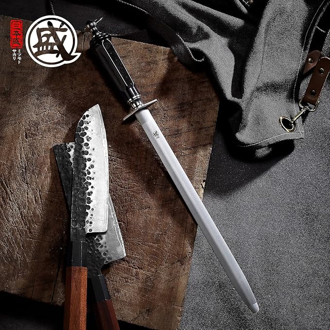 MITSUMOTO SAKARI 10-Inch Flat Diamond Knife Sharpening Rod, ABS Handle | Flat diamond surface for broader blade contact, high carbon steel rod, ABS handle and built-in magnet