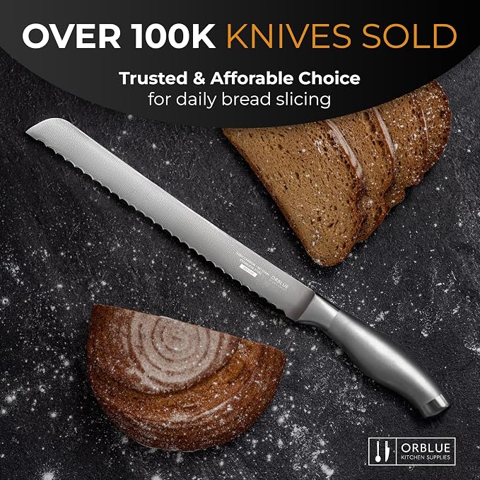 Orblue Serrated Bread Knife with 10-inch Upgraded Stainless Steel Razor Sharp Wavy Edge Width - Bread Cutter Ideal for Slicing Homemade Bagels and Cake