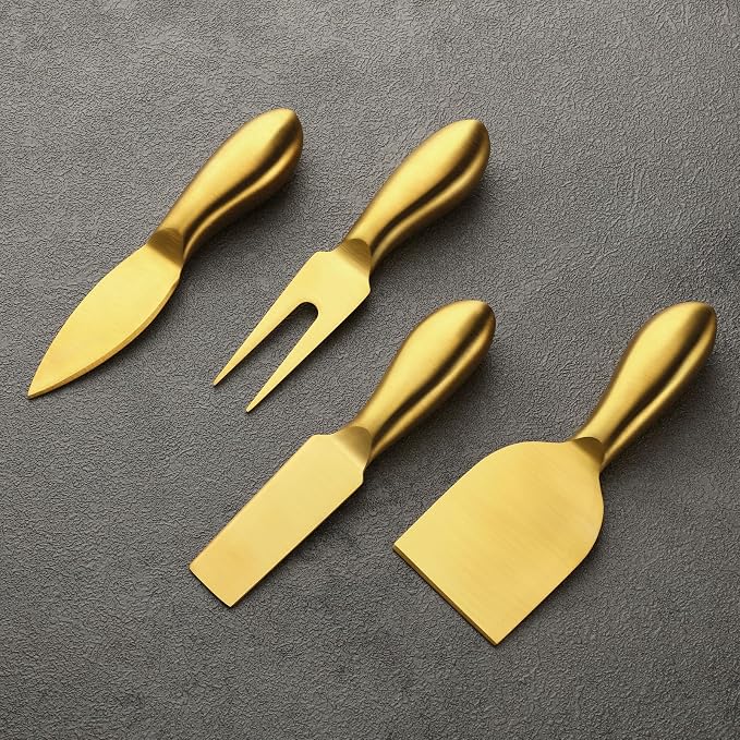 Funnymoom 4 Pcs Gold Cheese Knives Set Stainless Steel Cheese Tools with Slicer and Cutters for Kitchen Board Knife Set for Kitchen Summer Christmas Accessories Housewarming Gift