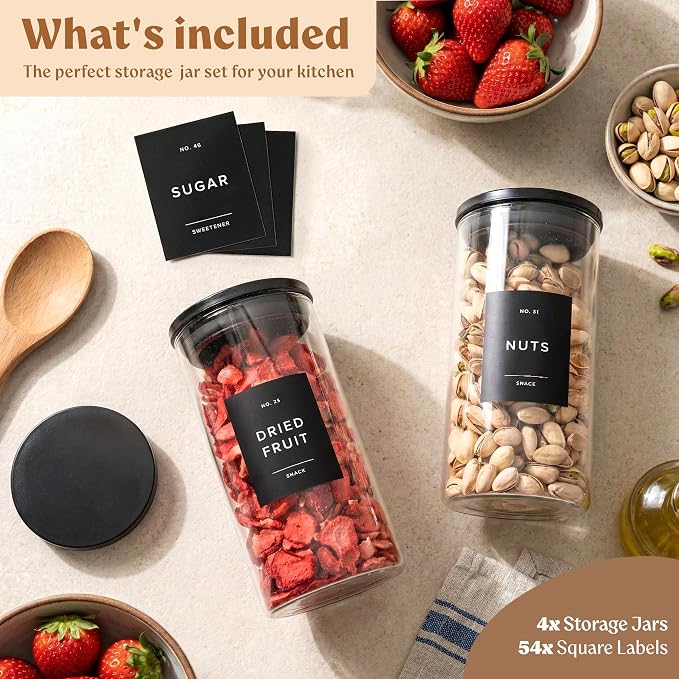 Glass Pantry Storage Jars Containers with Black Lids and Labels - Set of 4 | Extra Thick Round Glass Canisters with Black Lids and 54 Pre-printed Pantry Labels keeps dry Goods Fresh and Organized