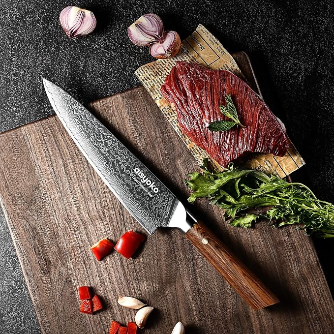 aisyoko Damascus chef knife 8-inch sharp kitchen knife Japan VG-10 stainless steel ergonomic color wooden handle luxury gift box - with scabbard