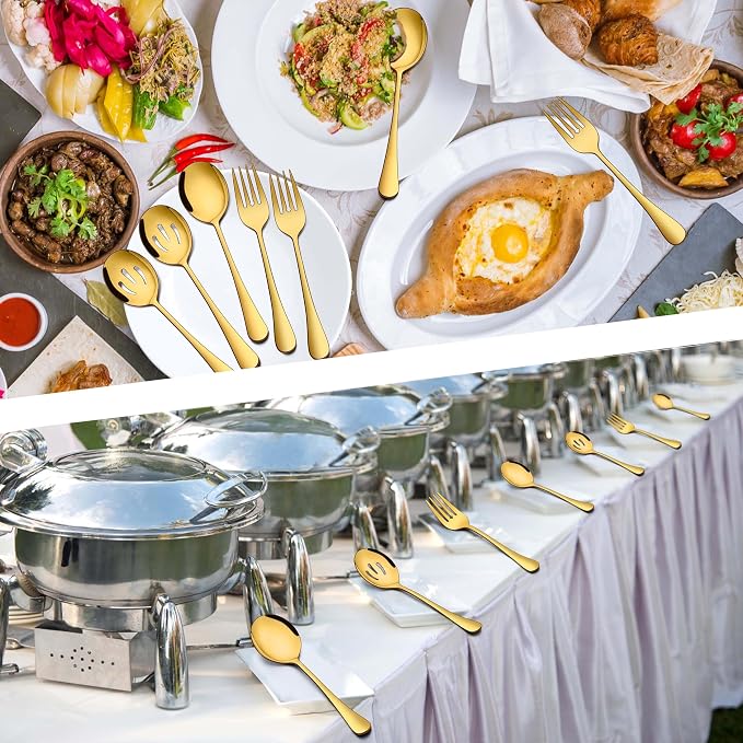 Homikit Stainless Steel Gold Serving Utensils Set of 6, 8.7 Inch Metal Serving Spoons Slotted Spoons Forks Hostess Set for Catering Buffet Party Banquet Restaurant, Mirror Polish, Dishwasher Safe