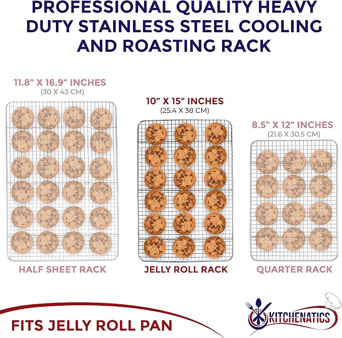 KITCHENATICS Jelly Roll Cooling Rack Stainless Steel Oven Safe Set of 2 | Fits standard 10x15 jelly roll pans for grilling, broiling, drying and draining grease while baking