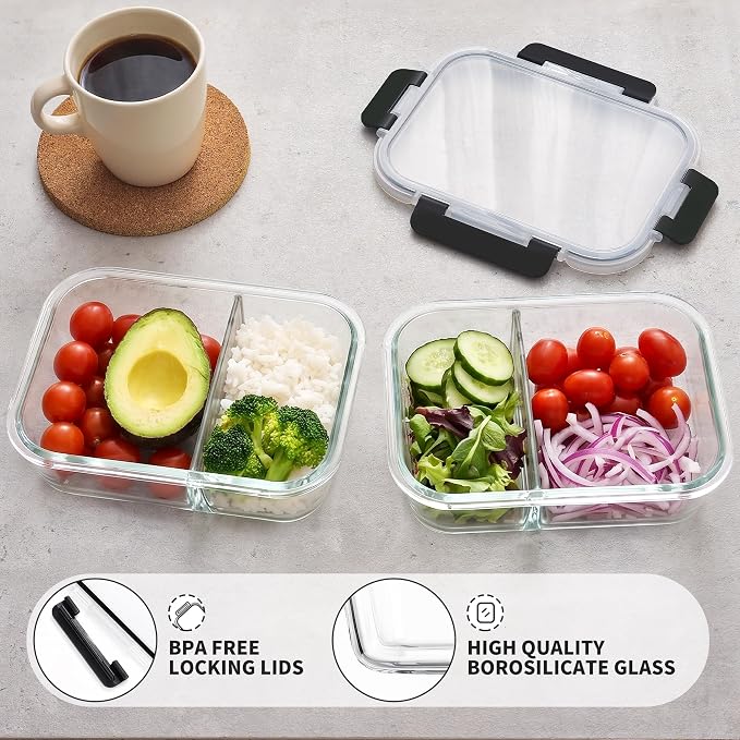 8 Pack 2 Compartment 30oz Borosilicate Glass Meal Prep Containers with Lids | Glass Food Storage Containers Set, Airtight Lunch Bento Boxes, BPA-Freefree & Leak proof, Dishwasher Freezer, Oven Safe