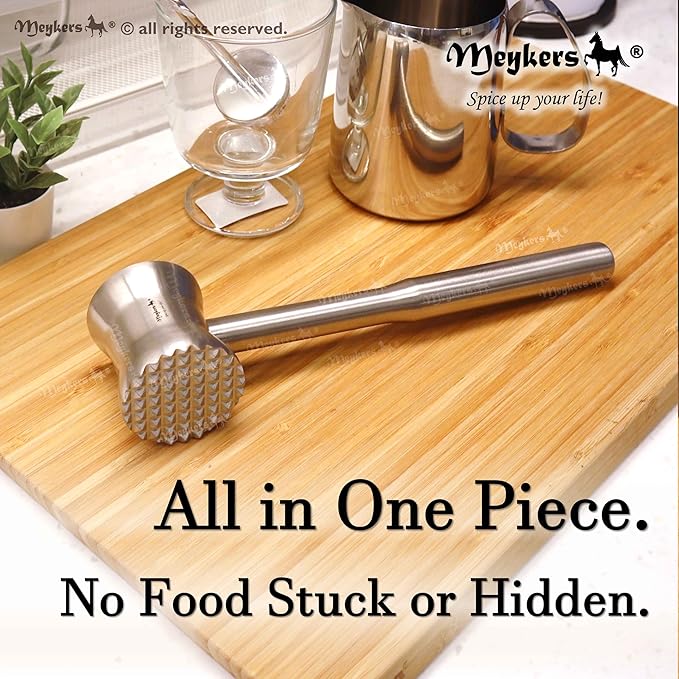 Meykers Meat Tenderizer Mallet | 304 Stainless Steel | Dishwasher Safe | Meat Pounder Hammer Flattner Beater | Kitchen Tool for Steak Chicken Poultry Food | Ablandador de Carne Martillo para Carne