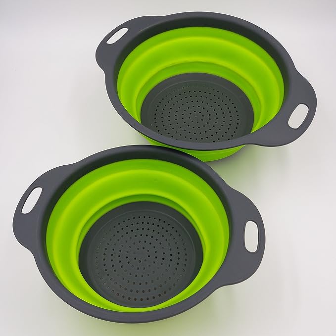 2 Collapsible Colander Mixing Bowl Strainer and Colander Set Silicone Colander Bowls Use for Draining Fruits Vegetables and Pastas by Bellagione (Green)