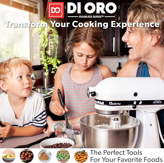 DI ORO 3-Piece Seamless Silicone Spoon and PRO 14in Seamless Silicone Spatula Bundle - 600F Heat-Resistant Rubber Non-Stick Slotted and Solid Spoons for Mixing and Serving - BPA Free
