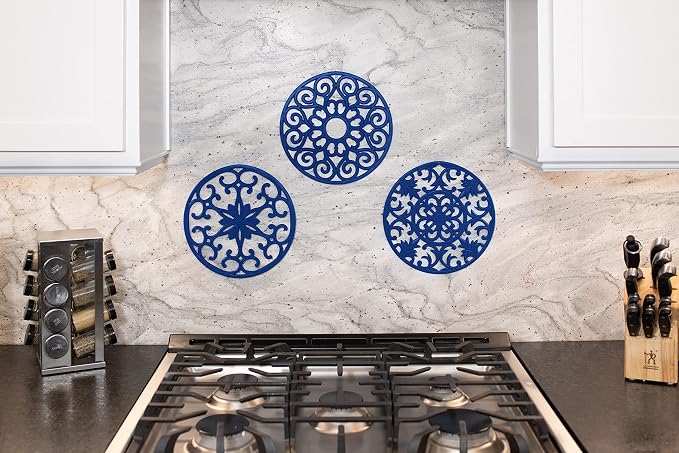 GASARE, Extra Large, Thick, 10" Silicone Trivets for Hot Dishes, Pots, and Pans, Hot Pads for Countertops, Flexible, Dishwasher Safe, 10 x ¼ Inches, Set of 3, Blue