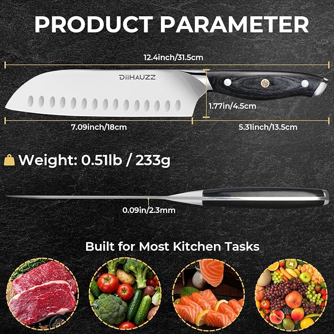 DiiHAUZZ Chef Knife, 7 Inch Ultra Sharp Japanese Santoku Knife, High Carbon Steel Forged Professional Kitchen Knife with Full Tang Triple-Riveted Ergonomic Handle for Slicing, Chopping, Dicing