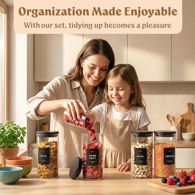 Glass Pantry Storage Jars Containers with Black Lids and Labels - Set of 4 | Extra Thick Round Glass Canisters with Black Lids and 54 Pre-printed Pantry Labels keeps dry Goods Fresh and Organized