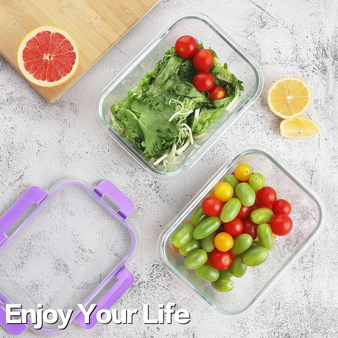 8-Pack 36oz Large Glass Meal Prep Containers with Leakproof Snap-Lock Lids | Borosilicate Glass Food Storage Containers and Bento Boxes , BPA-Free, Oven, Freezer and Dishwasher Safe-Purple