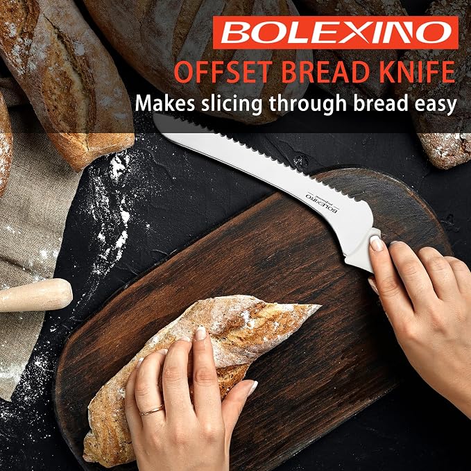 9 Inch White Offset Serrated Bread Knife Wavy Edge knife, High Carbon Stainless Steel Multi-Purpose Kitchen Knife for Homemade Bread, Crusty Breads, Cake, Bagel