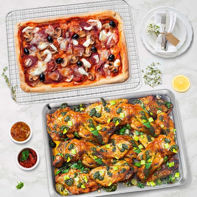 P&P CHEF 17.5 Inch Baking Sheet Pan and Cooking Rack - 2 Pieces | 1x Cookie Sheet + 1x Grid Rack, Stainless Steel Oven Tray with Wire Rack for Oven Baking, Healthy & Sturdy & Easy to Clean