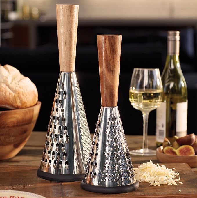 CreativeTops Masterclass Gourmet Cheese Large Vintage-Style Conical Cheese Grater with Wooden Handle, 13 x 13 x 33 cm (5" x 5" x 13"), Silver/Brown