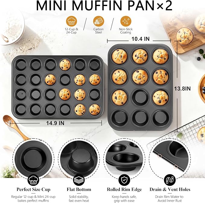 E-far Muffin Pan Set of 2, Regular 12-Cup & Mini 24-Cup Cupcake Pan | Nonstick Carbon Steel Muffin Tins for Easy Release, 2 Sizes for Baking Muffins & Cupcakes, Warp-Free & Even Baking, Oven Safe