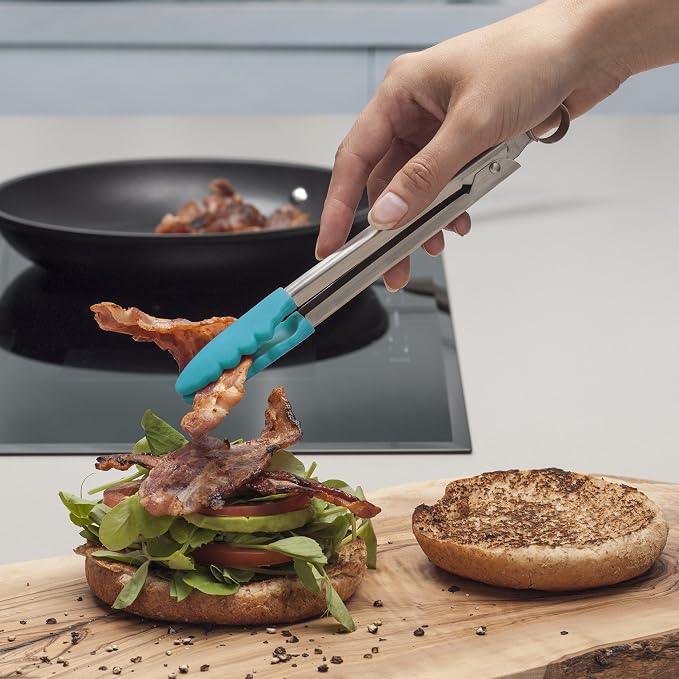 Zeal Silicone Mini Kitchen Cooking Tongs with Stainless Steel Handle – Perfect for Cooking, Grilling, BBQ, Air Fryer, and More, Heat-Resistant, BPA-Free, and Easy-to-Clean, 20cm, Aqua Blue