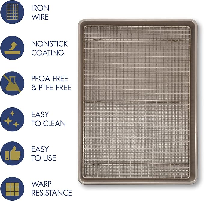 Wire Rack Baking Sheet Pan Set - Half Sheet Pan - Champagne | 100% Stainless Steel, Dishwasher Safe, Steel Reinforced Rim, Food Safe, Oven Safe, Non Stick, PFOA-Free, PTFE-Free