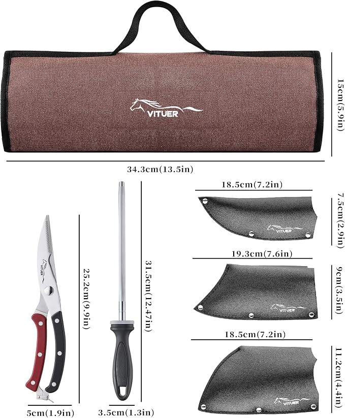 9 PCS Butcher Viking Camping Knife Set, 7" Serbian Chef Knife, 7" Butcher Meat Cleaver, 6.5" Viking Knife, 3 Knife Sheath, Honing Steel, Poultry Shears and Knife Roll Bag (Stylish Horse Pattern)