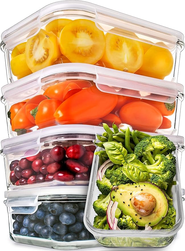 PrepNaturals 5 Pack 30oz Glass Meal Prep Containers - 1 Compartment | Borosilicate Glass Meal Prep Containers - Airtight Leak-Resistant Lids, Microwave, Oven & Freezer Safe (5-Pack, 30 oz)