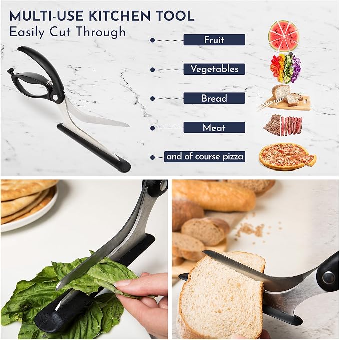 Pizza Scissors - Non-Stick Pizza Scissors with Firm Grip Base - Food Grade Stainless Steel Pizza Cutter - 5-in-1 Food Slicer & Pizza Server - Durable, Safe & Mess Free
