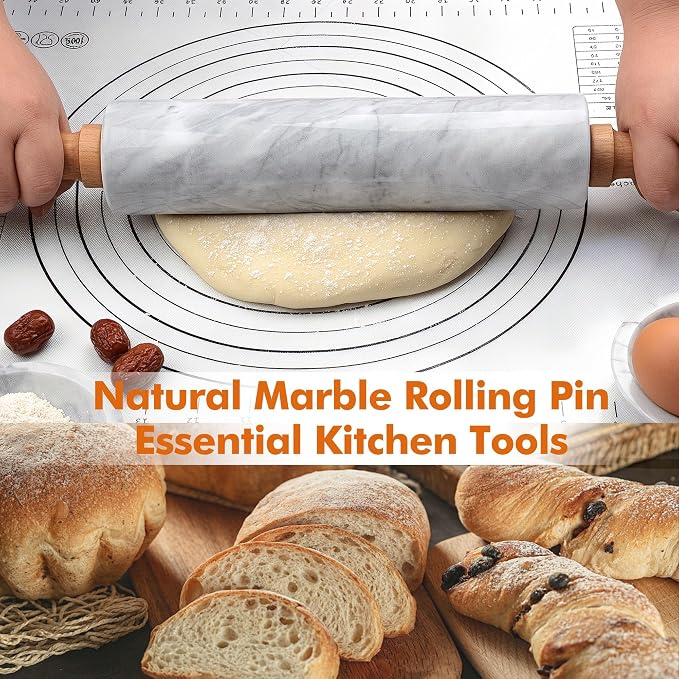 18.5 inches Marble Rolling Pin,Large Non-Stick Dough Roller,for making pizza, cookies,pie crusts, and pasta.with Silicone Pastry Mat,Stainless Steel Scraper,and Small Wooden Roller Pin(White)