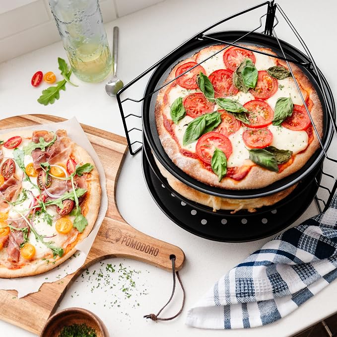 Chef Pomodoro Pizza Baking Set with 3 Pizza Pans and Pizza Rack, (11-Inch Pans), Non-stick Perforated Pizza Trays for Oven, Grill, Pizza Pan with Holes, Pizza Pan for Oven, Barbeque, Bakeware Supplies
