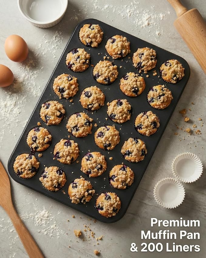 CARTMAN 24-Cup Mini Muffin Pan, Nonstick Carbon Steel Mini Cupcake Tin | Includes 200 paper liners, 24-cup nonstick carbon steel, oven safe 450°F, ideal for egg bites, mini cupcakes & brownies