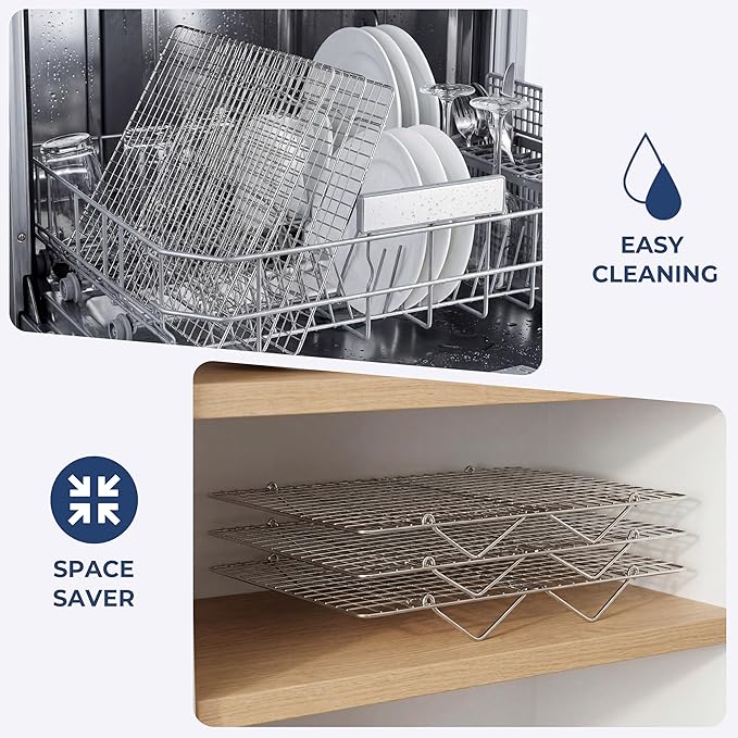 E-far Cooling Rack 15”x10”, 2-Tier Collapsible for Cooking and Baking | Tight-Wire Stainless Steel Cookie Rack for Baking Sheet, Oven, Roasting, Stackable & Space Saving, Dishwasher Safe